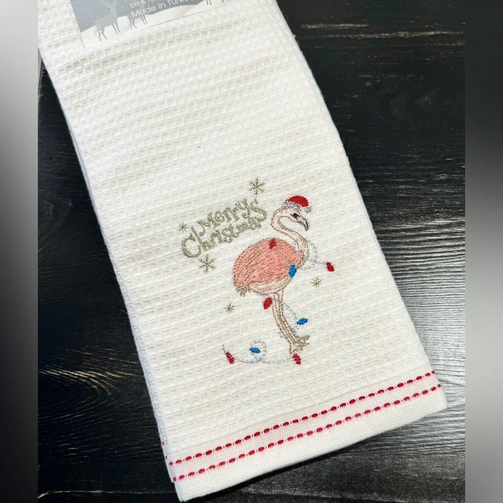 New Merry Christmas Pink Flamingo Turkish Cotton Kitchen Towels Set of 2